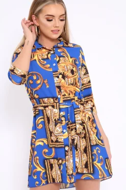 Rebellious Fashion Blue Scarf Print Shirt Dress - Kyah