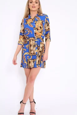 Rebellious Fashion Blue Scarf Print Shirt Dress - Kyah