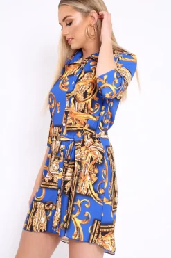 Rebellious Fashion Blue Scarf Print Shirt Dress - Kyah