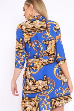 Rebellious Fashion Blue Scarf Print Shirt Dress - Kyah