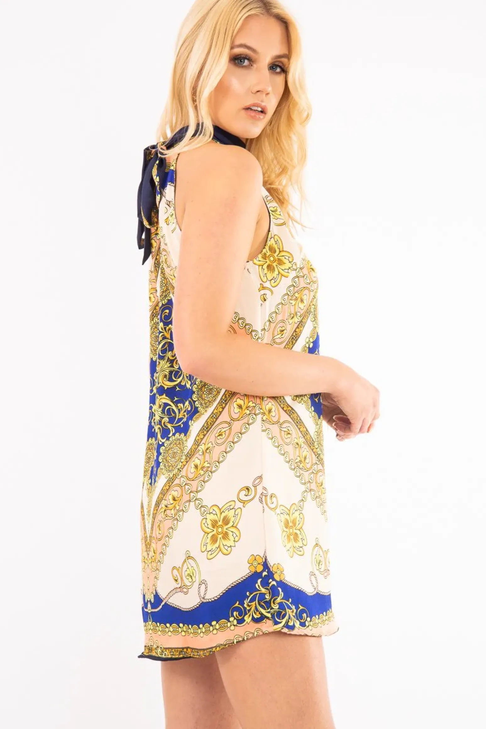 Rebellious Fashion Blue Scarf Print Sleeveless Tie Back Swing Dress - Jessey