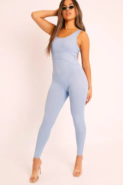 Rebellious Fashion Blue Seam Corset Detail Bodycon Jumpsuit - Natalia