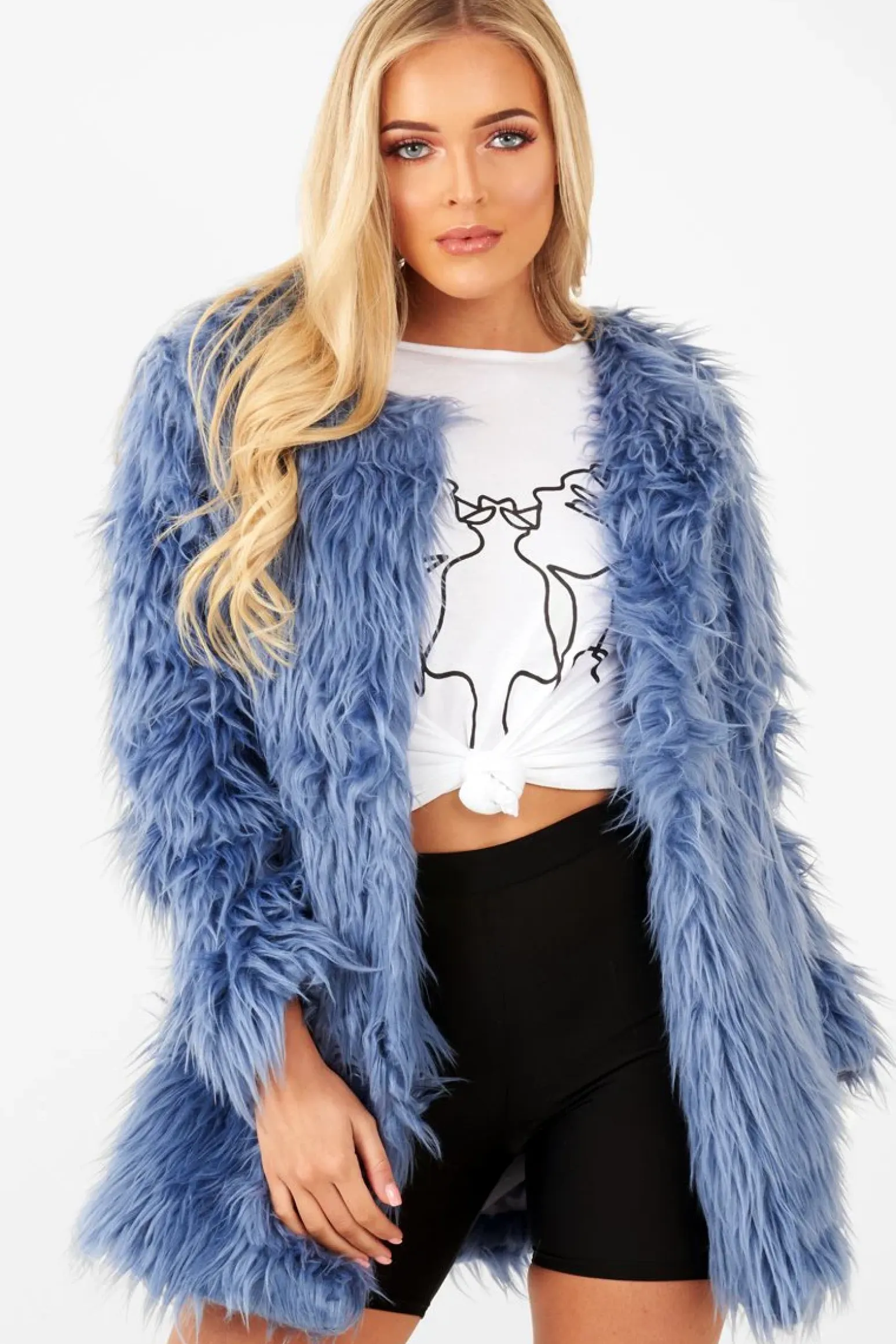 Rebellious Fashion Blue Shaggy Faux Fur Coat - Evalina