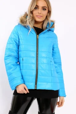 Rebellious Fashion Blue Shiny Puffer Coat with Fur Hood - Idy