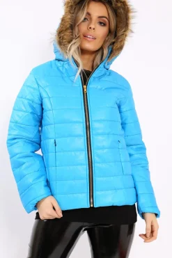 Rebellious Fashion Blue Shiny Puffer Coat with Fur Hood - Idy