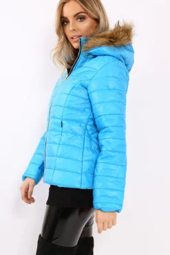 Rebellious Fashion Blue Shiny Puffer Coat with Fur Hood - Idy