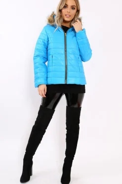 Rebellious Fashion Blue Shiny Puffer Coat with Fur Hood - Idy
