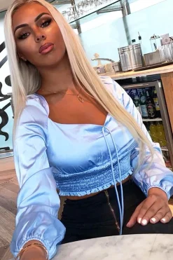 Rebellious Fashion Blue Shirred Long Sleeve Strap Back Detail Crop Top -Traniyah