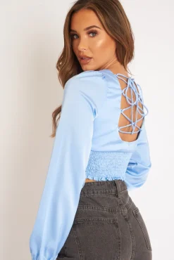 Rebellious Fashion Blue Shirred Long Sleeve Strap Back Detail Crop Top -Traniyah