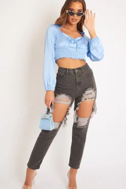 Rebellious Fashion Blue Shirred Long Sleeve Strap Back Detail Crop Top -Traniyah