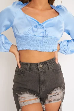 Rebellious Fashion Blue Shirred Long Sleeve Strap Back Detail Crop Top -Traniyah