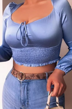 Rebellious Fashion Blue Shirred Long Sleeve Strap Back Detail Crop Top -Traniyah