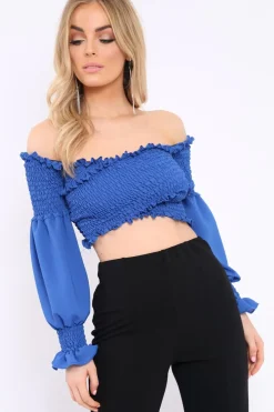 Rebellious Fashion Blue Shirred Wrap Over Bardot Crop Top - Zuri