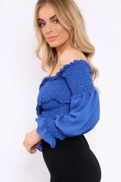 Rebellious Fashion Blue Shirred Wrap Over Bardot Crop Top - Zuri