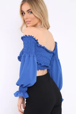 Rebellious Fashion Blue Shirred Wrap Over Bardot Crop Top - Zuri