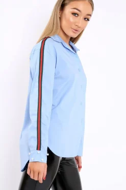 Rebellious Fashion Blue Shirt with Red and Green Contrast Stripe and Pearl Cuffs - Cindey