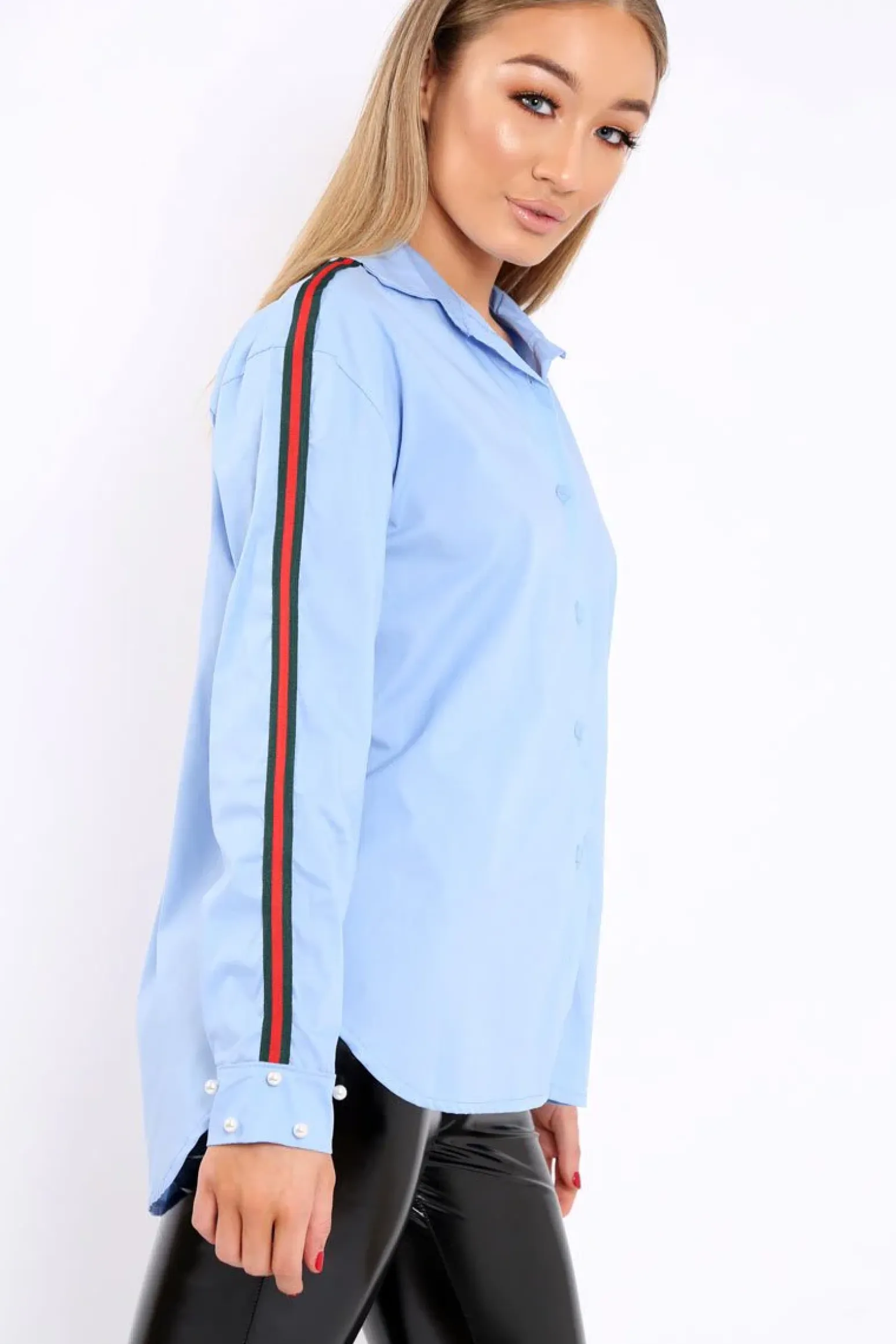 Rebellious Fashion Blue Shirt with Red and Green Contrast Stripe and Pearl Cuffs - Cindey