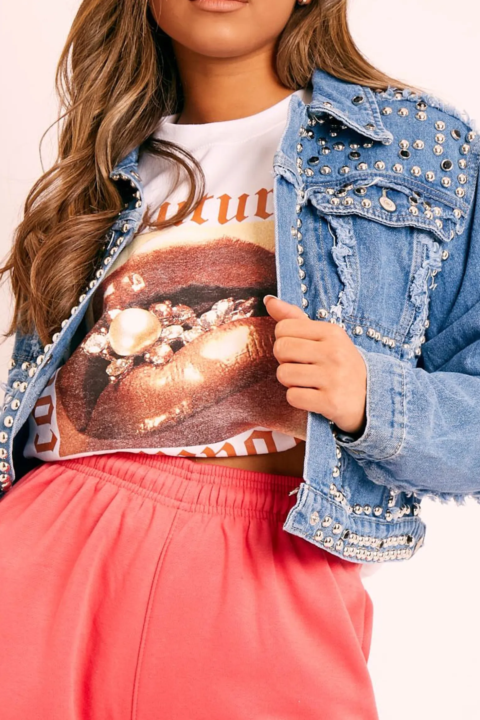 Rebellious Fashion Blue Silver Stud Detail Denim Jacket - Cherry