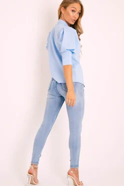 Rebellious Fashion Blue 3/4 Sleeve Button Shirt - Gelila