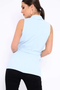 Rebellious Fashion Blue Sleeveless Tie Waist Blazer - Tonia