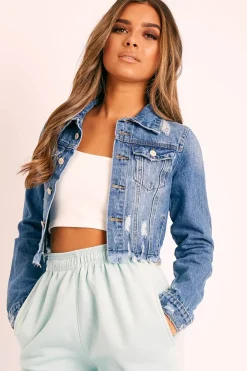 Rebellious Fashion Blue Slim Fit Distressed Cropped Denim Jacket - Ember