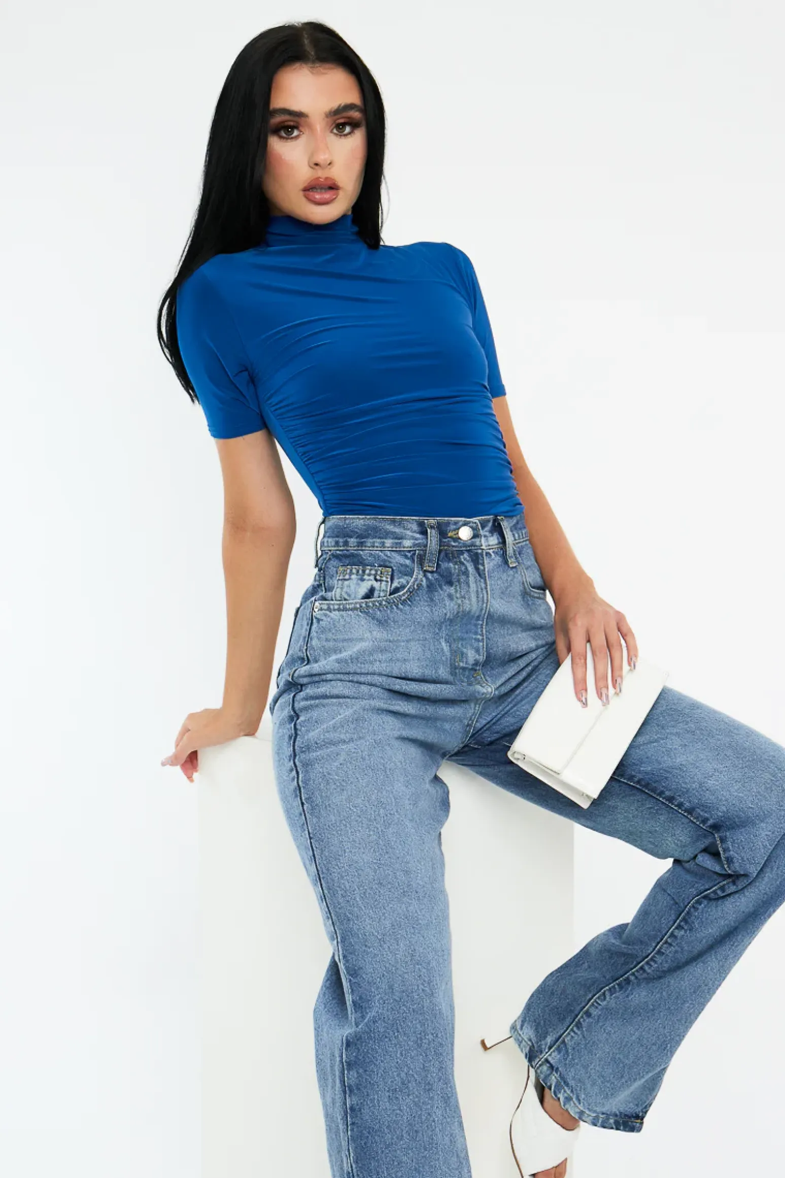 Rebellious Fashion Blue Slinky High Neck Ruched Side Bodysuit - Avea
