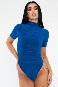 Rebellious Fashion Blue Slinky High Neck Ruched Side Bodysuit - Avea