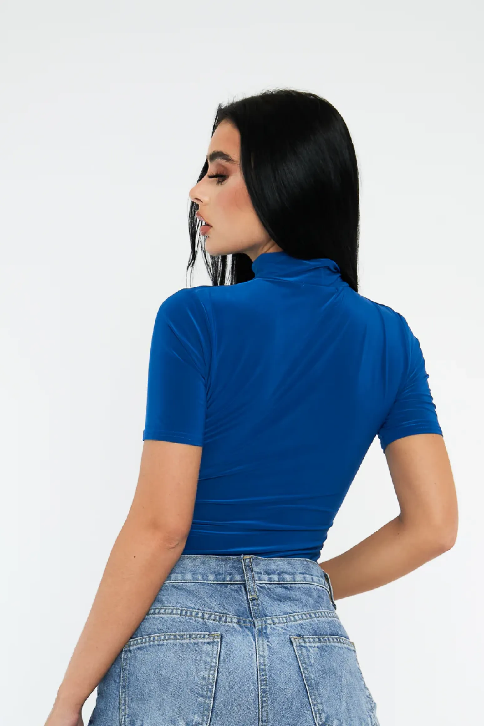 Rebellious Fashion Blue Slinky High Neck Ruched Side Bodysuit - Avea