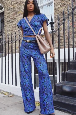Rebellious Fashion Blue Snake Print Tie Back Crop Top And Wide Leg Trouser Co-ord - Georgine