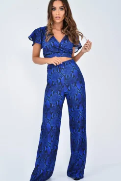 Rebellious Fashion Blue Snake Print Tie Back Crop Top And Wide Leg Trouser Co-ord - Georgine