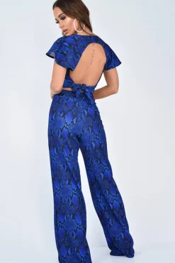 Rebellious Fashion Blue Snake Print Tie Back Crop Top And Wide Leg Trouser Co-ord - Georgine