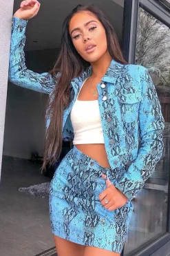 Rebellious Fashion Blue Snake Print Trucker Jacket Mini Skirt Co-Ord - Kiera