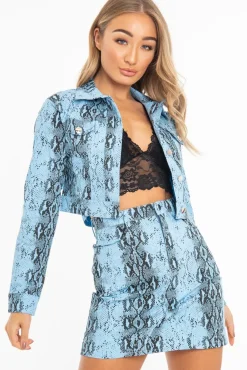 Rebellious Fashion Blue Snake Print Trucker Jacket Mini Skirt Co-Ord - Kiera