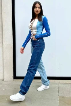 Rebellious Fashion Blue Splice Two Tone Straight Jeans - Aaisha