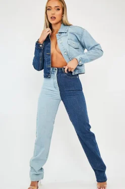 Rebellious Fashion Blue Splice Two Tone Straight Jeans - Aaisha