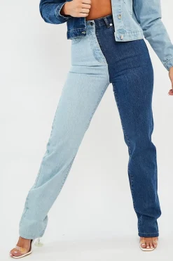 Rebellious Fashion Blue Splice Two Tone Straight Jeans - Aaisha