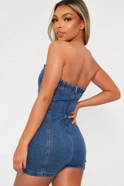 Rebellious Fashion Blue Strapless Cupped Denim Playsuit - Mandi