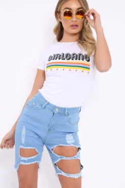 Rebellious Fashion Blue Stretch Distressed Long Denim Shorts - Montanna