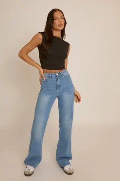 Rebellious Fashion Blue Stretch Straight Leg Frayed Hem Jeans - Scarlett