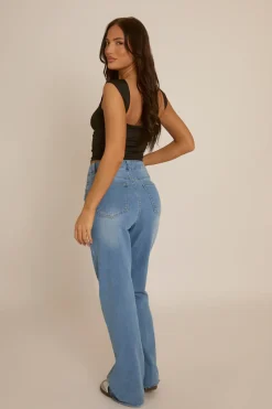 Rebellious Fashion Blue Stretch Straight Leg Frayed Hem Jeans - Scarlett