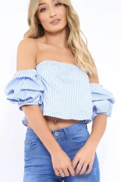 Rebellious Fashion Blue Stripe Bardot Ruched Sleeve Crop Top - Corinne