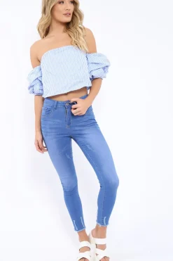 Rebellious Fashion Blue Stripe Bardot Ruched Sleeve Crop Top - Corinne