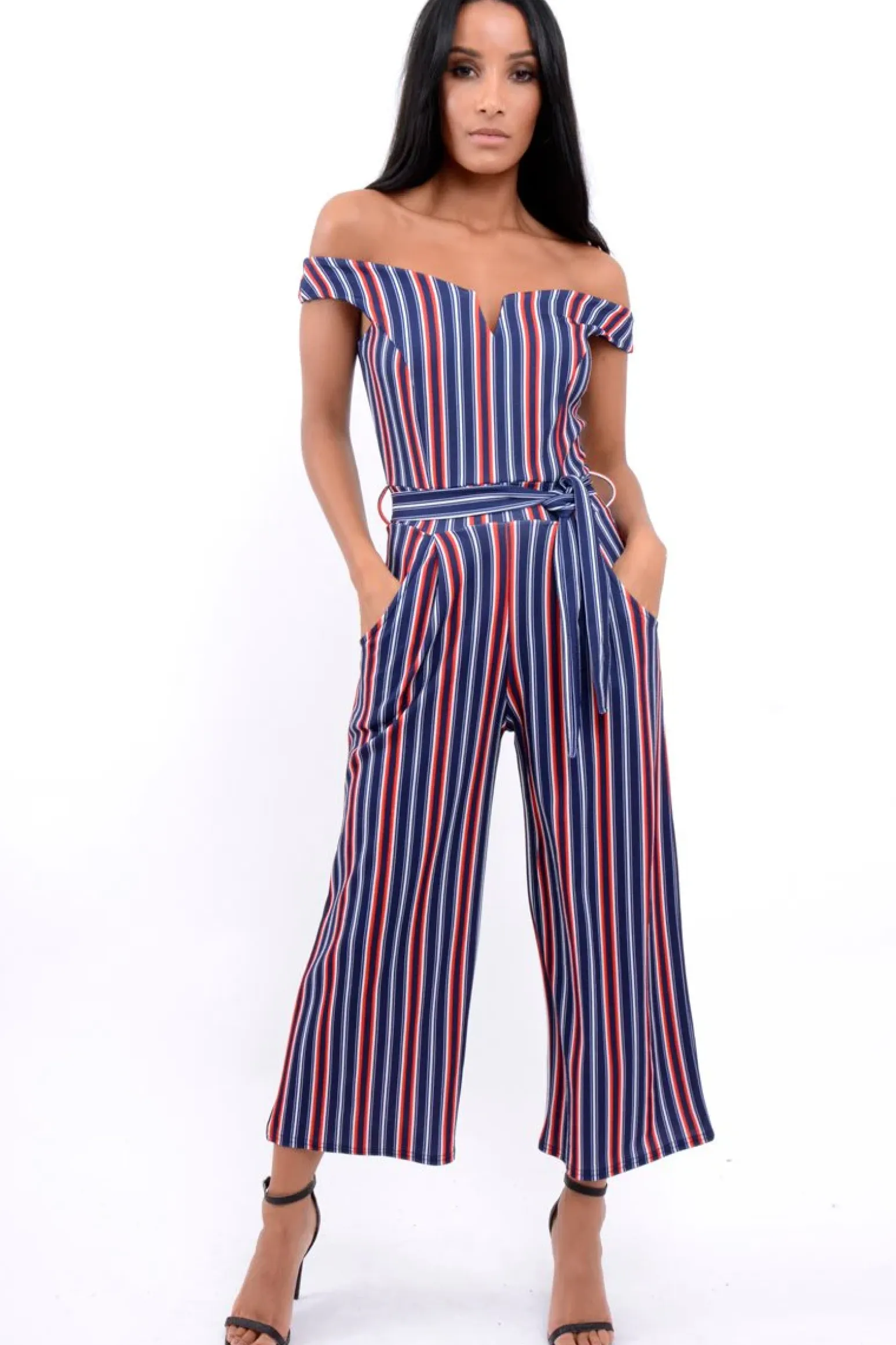 Rebellious Fashion Blue Stripe Bardot V Dip Jumpsuit - Lisah