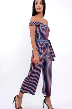 Rebellious Fashion Blue Stripe Bardot V Dip Jumpsuit - Lisah