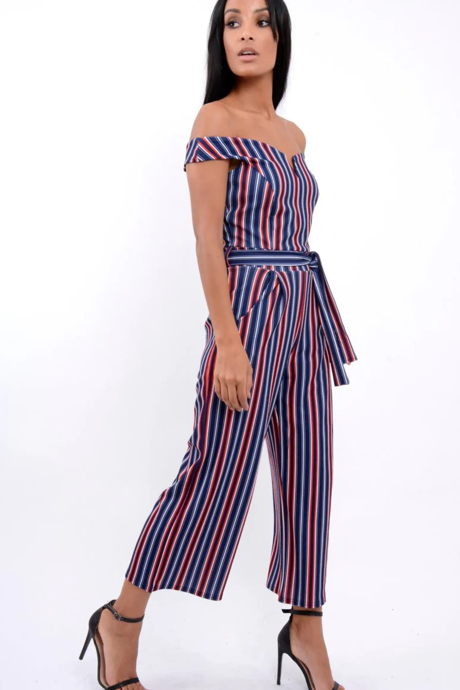 Rebellious Fashion Blue Stripe Bardot V Dip Jumpsuit - Lisah
