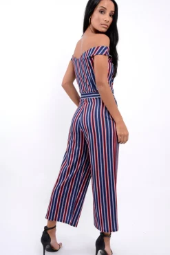 Rebellious Fashion Blue Stripe Bardot V Dip Jumpsuit - Lisah