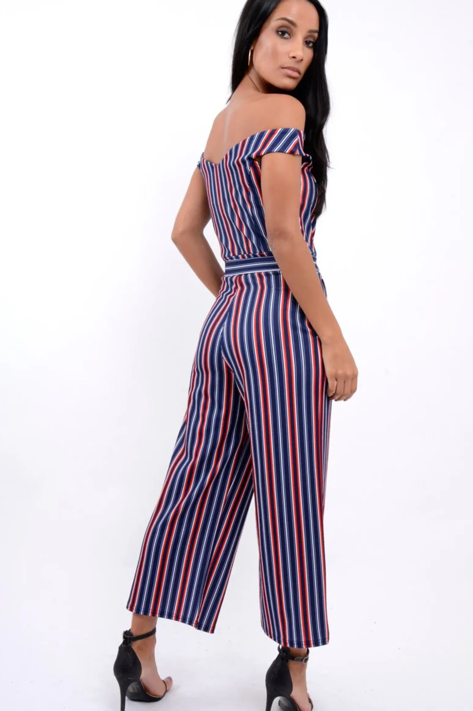 Rebellious Fashion Blue Stripe Bardot V Dip Jumpsuit - Lisah