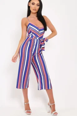 Rebellious Fashion Blue Stripe Button Front Tie Waist Jumpsuit - Tavi