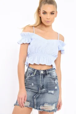 Rebellious Fashion Blue Stripe Cold Shoulder Frill Crop Top - Nieve