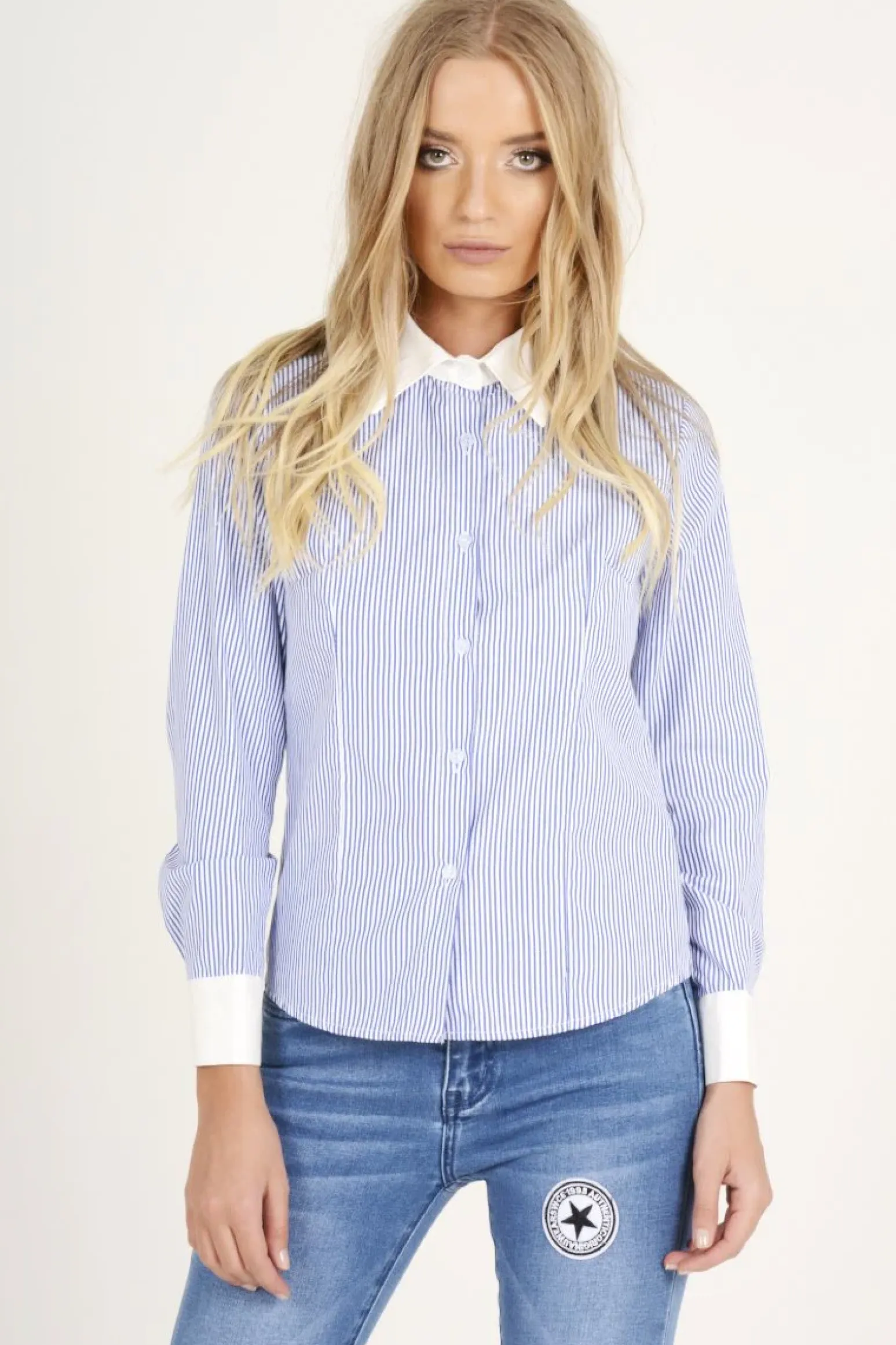 Rebellious Fashion Blue Stripe Collared Shirt - Nelly